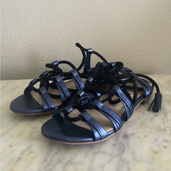 Anthropologie Billy Ella Navy Blue Metallic Sandals - Picture 5 of 14